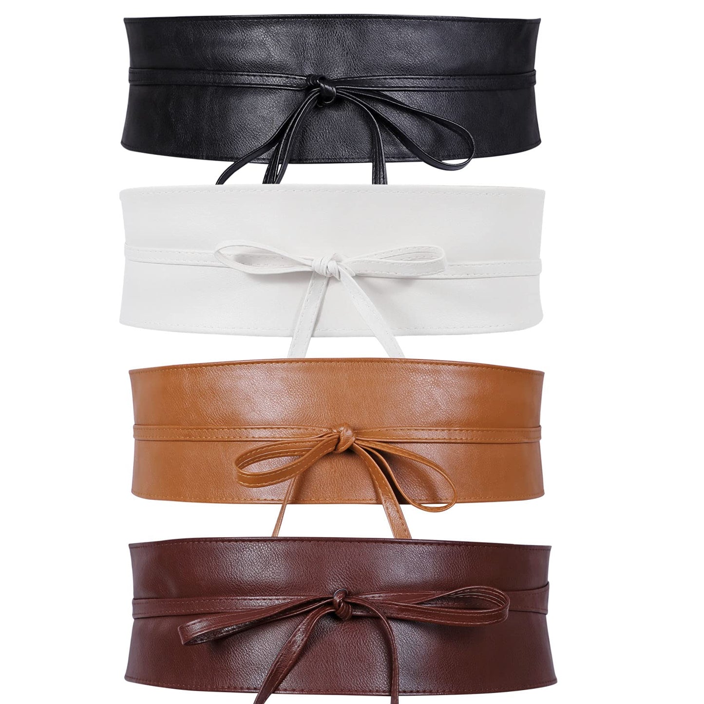 4 Pack WERFORU Women Obi Belt PU Leather Self Tie Wrap Wide Waistband Boho Belt for Costumes, Black+White+Brown+Coffee, Suit for Waist Size 25"-32"