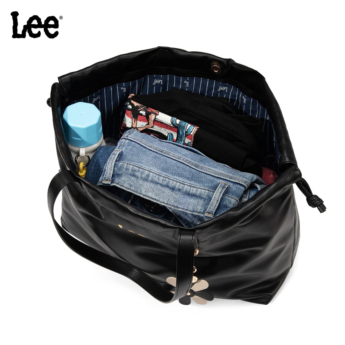 Lee Leather Tote Bag for Women, Spacious Vegan Leather Shoulder Bag & Handbag with Drawstring Closure, Durable Shoulder Straps, Large Capacity Work & Travel Purse, LEE73-001BK