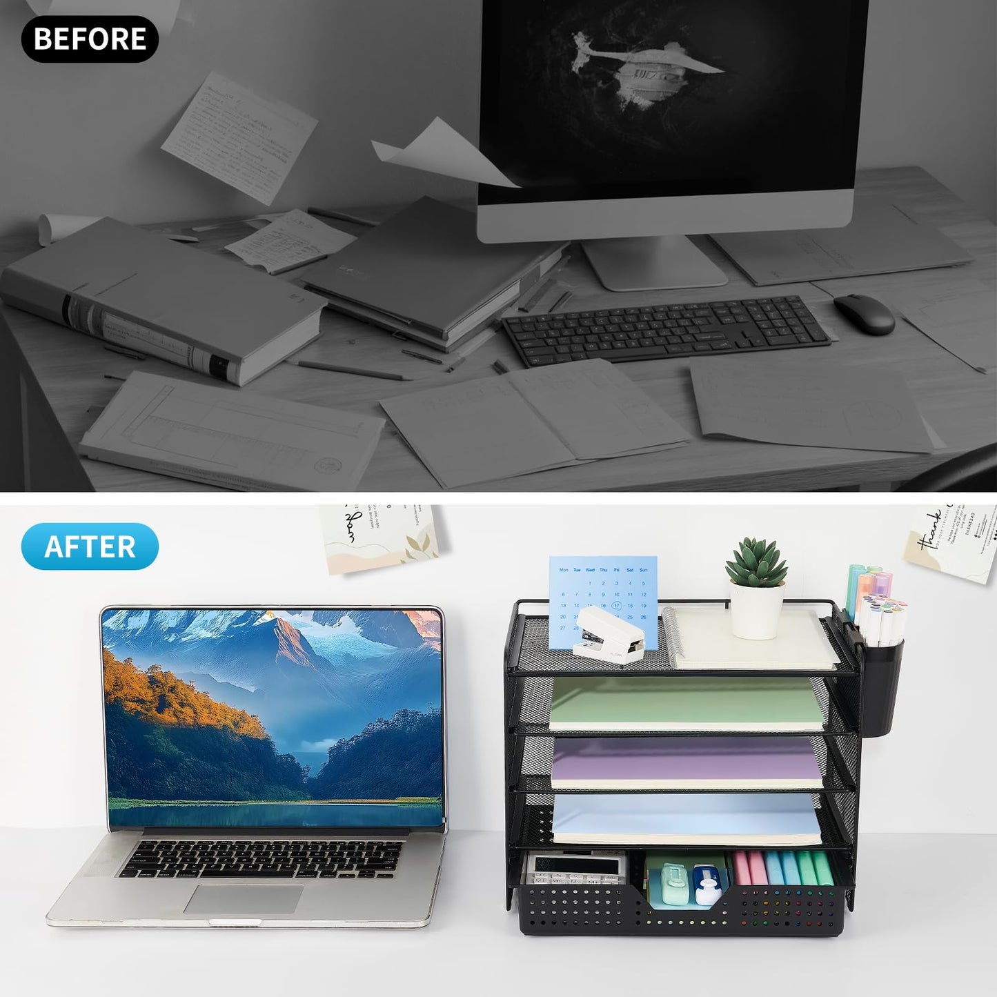 LEKETREE Desk Organizer and Accessories, 5-Tier Paper Letter Tray Organizer with Drawer & 2 Pen Holders for Desktop File Organization, Office Desk Accessories for Supplies Storage (Black)