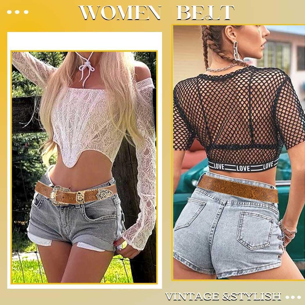 Flimire Western Belt for Women Cowgirl Country Leather Belt (Fit for Waist Size:31''-39'')