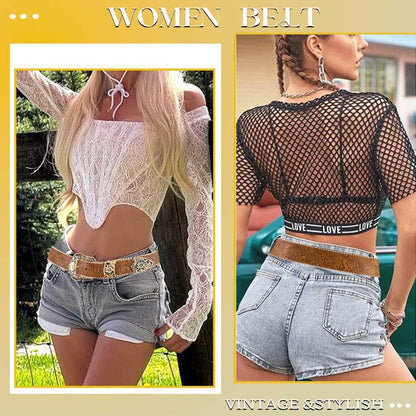 Flimire Western Belt for Women Cowgirl Country Leather Belt (Fit for Waist Size:31''-39'')