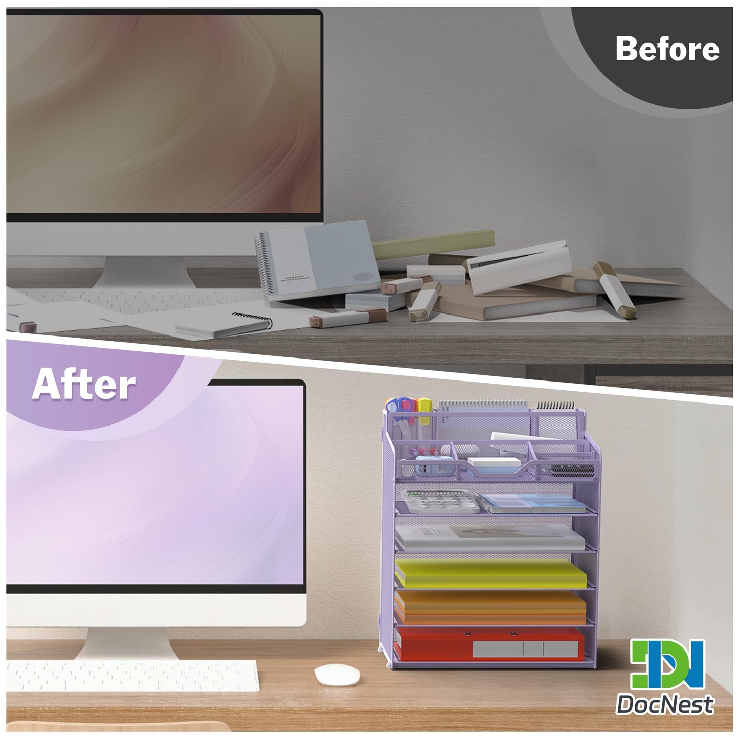 Docnest 6 Tier Mesh Desk Organizer for Paper Office Supplies – Multi-Functional Letter Tray with 5 Adjustable Compartments, 5 Pen Holders, Desktop Storage for Files, Mail, Stationery – Purple