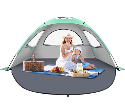 YITGOG Beach Tent Sun Shelter for 3-4 Person, Baby Beach Tent with UV Protection, 3 Mesh Roll Up Windows & 8.0mm Fiberglass, Easy Assemble (Green)
