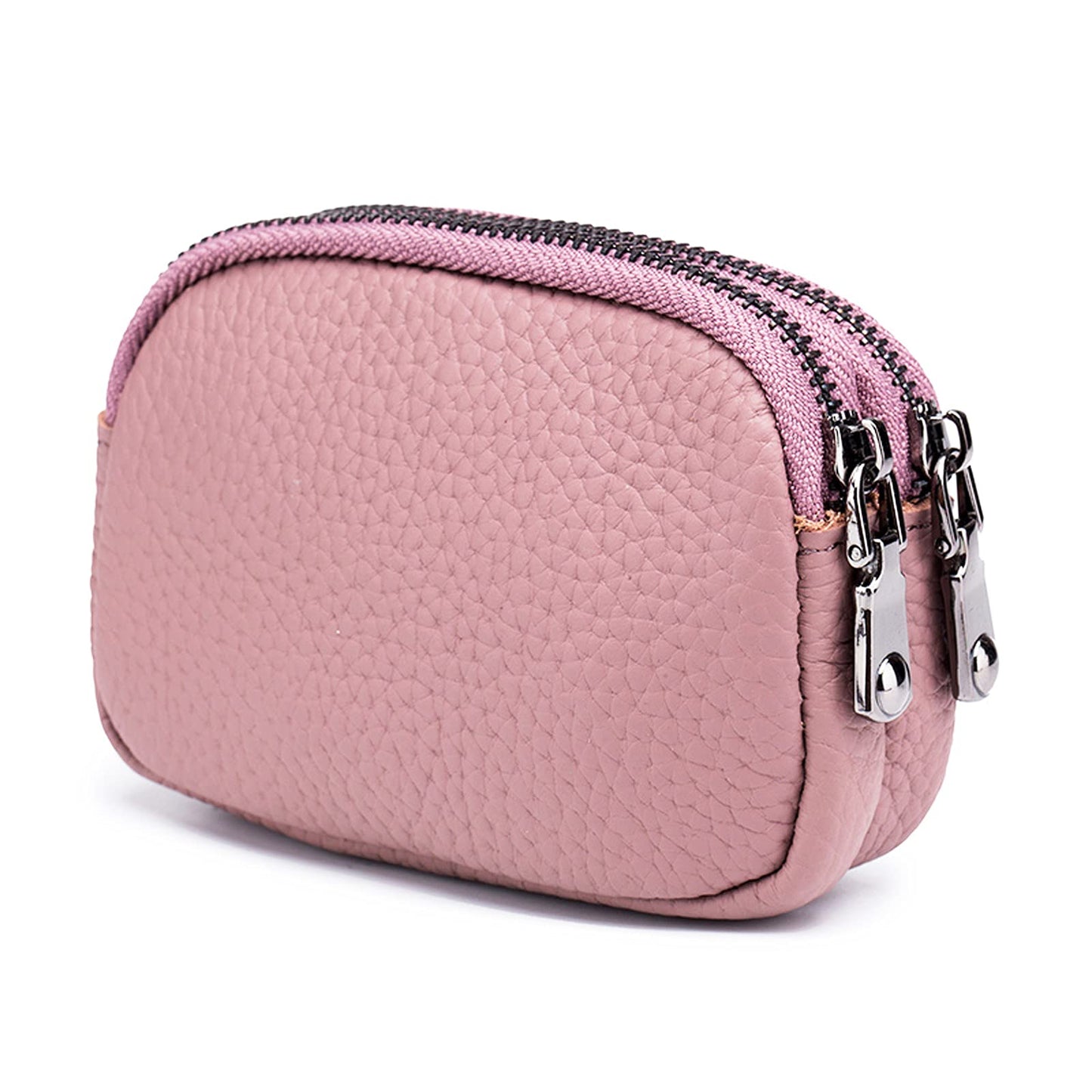Yocipa Genuine Leather Coin Purse for Women Small Double Zipper Wallet Mini Change Pouch with Bee Charm for Cash Cards Keys Cute Compact Organizer (Pink)