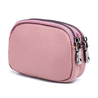 Yocipa Genuine Leather Coin Purse for Women Small Double Zipper Wallet Mini Change Pouch with Bee Charm for Cash Cards Keys Cute Compact Organizer (Pink)