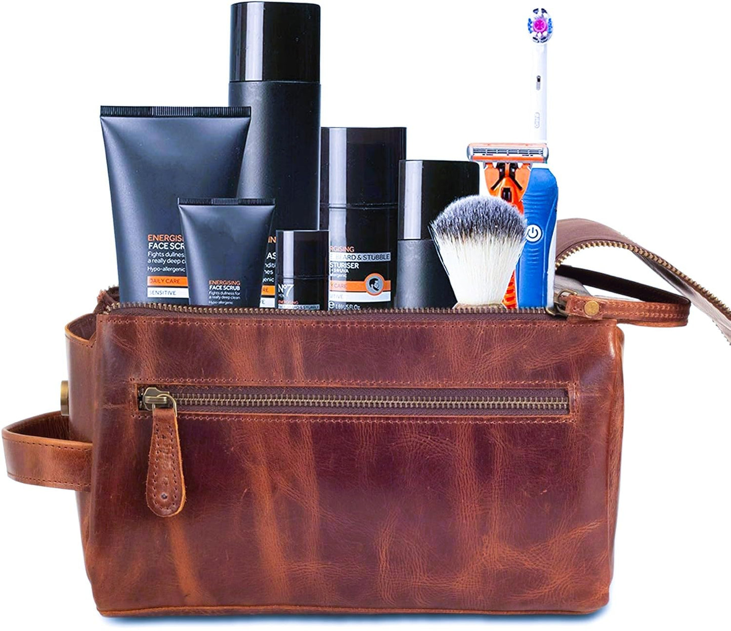 MILITARIA STUFFS Premium Leather Toiletry Bag Travel Kit Unisex,Travel Mens Toiletry Bag,Mens Leather Shaving Bag, Handcrafted Vintage Shaving - Kit (Combo of 4 Items)