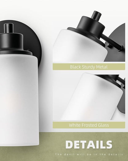 3 Pack Black Farmhouse Wall Sconces Light, Indoor Bath Vanity Light Fixtures with White Frosted Glass Shade, Modern Bathroom Wall Mounted Lights E26 Base Lamp for Bedroom, Porch, Kitchen