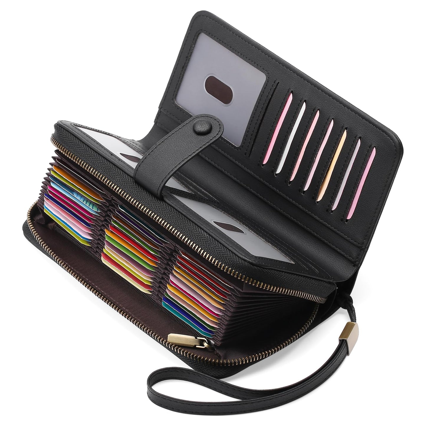 GAEKEAO Leather Credit Card Holder Wallet for Women RFID Blocking Large Capacity Bifold Zipper Card Case Organizer with Wristlet 45 Slots
