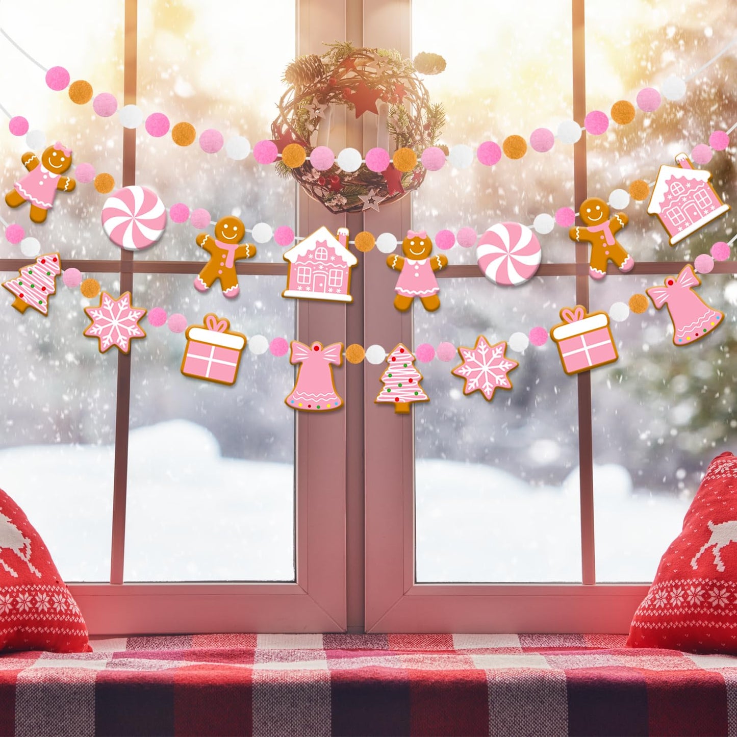 Doumeny 3Pcs Pink Christmas Felt Ball Banner Xmas Gingerbread Man Candy House Garland Bunting Xmas Tree Snowflake Bunting Garland Christmas Pom Pom Banner for Winter Party Holiday Mantel Home Decor