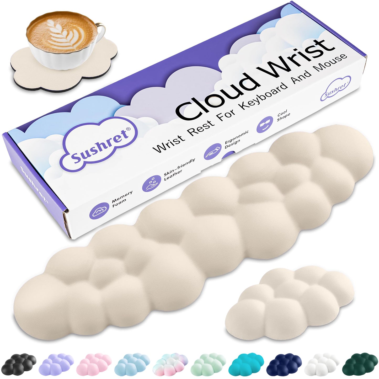 Sushret Cloud Wrist Rest Keyboard, Cloud Keyboard Wrist Pad Set with PU Leather Memory Foam, Cute Arm Rest for Palm Support, PC/Gaming Desk Accessories/Office Setup/Computer Hand Cushion - Beige
