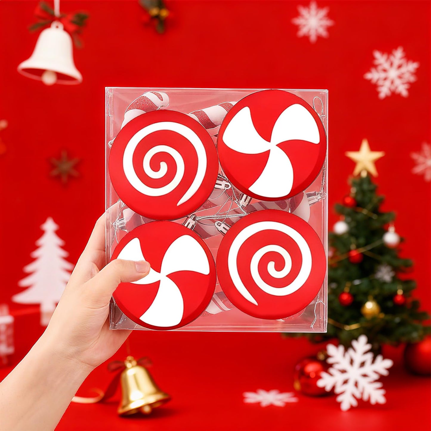 10ct Red and White Christmas Tree Ornaments, Shatterproof Plastic Candy Cane & Lollipop Xmas Decorations for Family, Kids, Candyland Themed Party Supplies