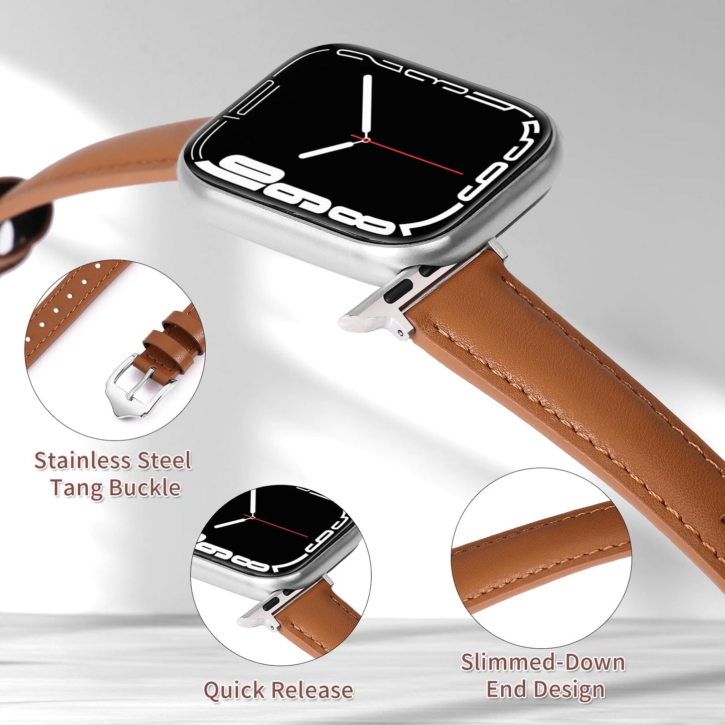 Women Slim French Full Grain Leather Band Compatible with Apple Watch 40/41/42/38mm, Lightweight Breathable iWatch Straps for Series 11 10 9 8 7 6 5 4 SE 3 2 1, Brown