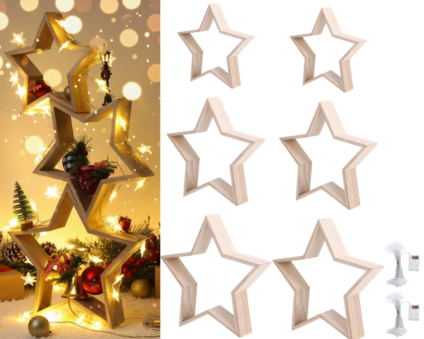Geelin 6 Pcs Christmas Wooden Star Tabletop Centerpiece Sign with Light Strips Tape DIY Xmas Ornament for Farmhouse Fireplace Mantle Table Crafts Bookshelf Tiered Tray Decor (Original Wood)