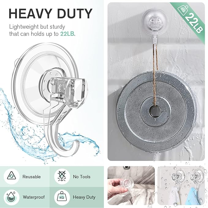 VIS'V Wreath Hanger, Large Suction Cup Wreath Hooks, Heavy Duty, 22 LB Capacity, Removable and Reusable, Clear, 6 Pcs