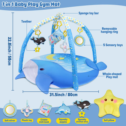 Dr.Rapeti 31x31inch Baby Play Mat, Activity Baby Play Gym with Arch, Playmats & Floor Gyms, Detachable Mirror and Squeaky Soft Set, Thick Non-Toxic Playmats
