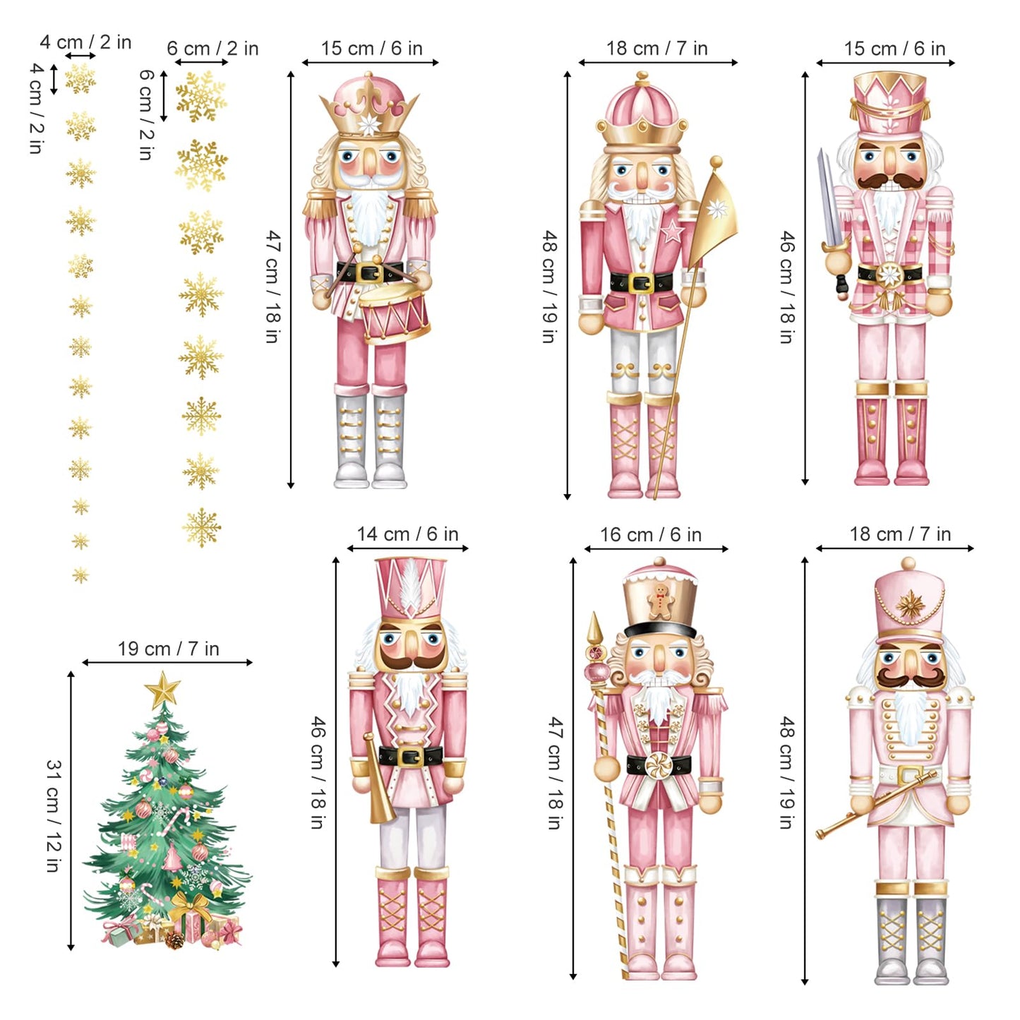 decalmile Christmas Pink Nutcrackers Window Wall Decals Christmas Trees Nutcracker Snowflakes Wall Stickers Living Room Childrens Room Christmas Party Window Wall Decorations