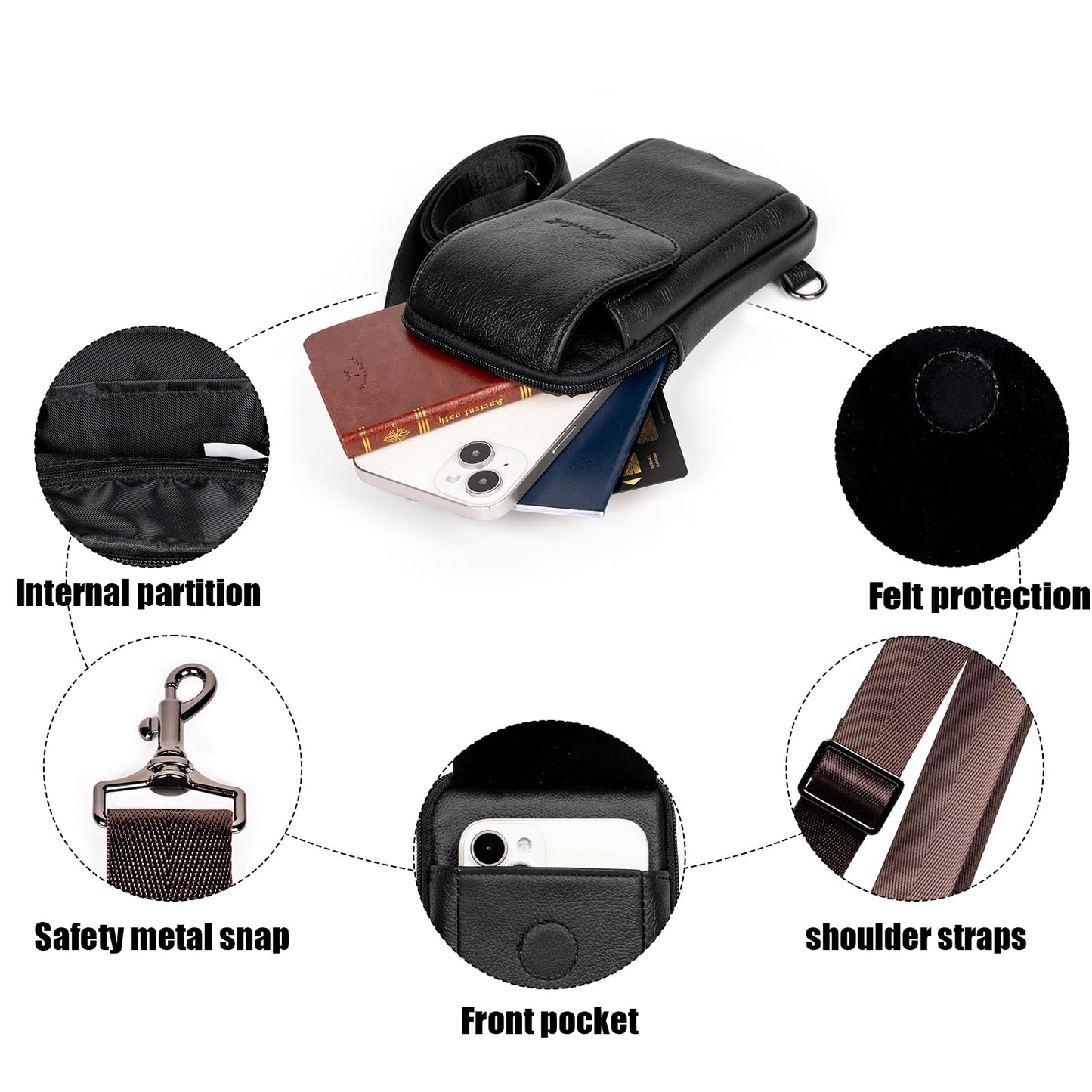 Ariscobull - Small Crossbody Bag for Men Women - Genuine Leather Mini Sling Bag with Charging Port - Travel Hiking Phone Daypack Cross Body Shoulder Bags (Black)