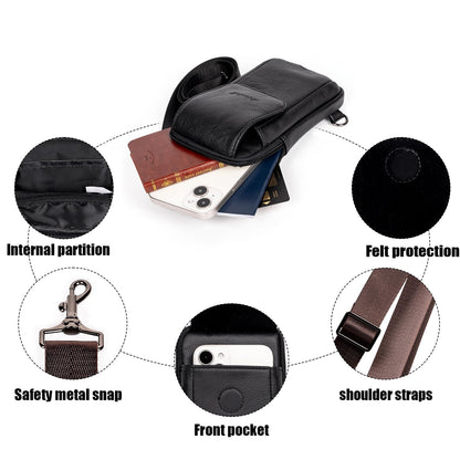 Ariscobull - Small Crossbody Bag for Men Women - Genuine Leather Mini Sling Bag with Charging Port - Travel Hiking Phone Daypack Cross Body Shoulder Bags (Black)