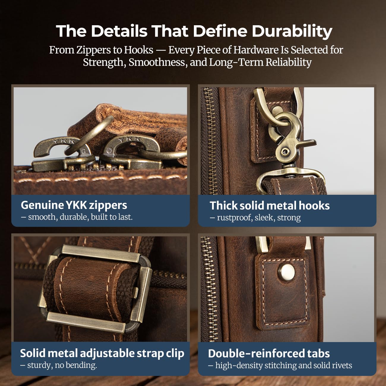 Augus Men's Buffalo Crazy Horse Leather Briefcase for 16 Inch Laptop, Computer Bag with YKK Zipper & Luggage Strap, Fits 16" MacBook, Work Travel Messenger Shoulder Bag, Brown