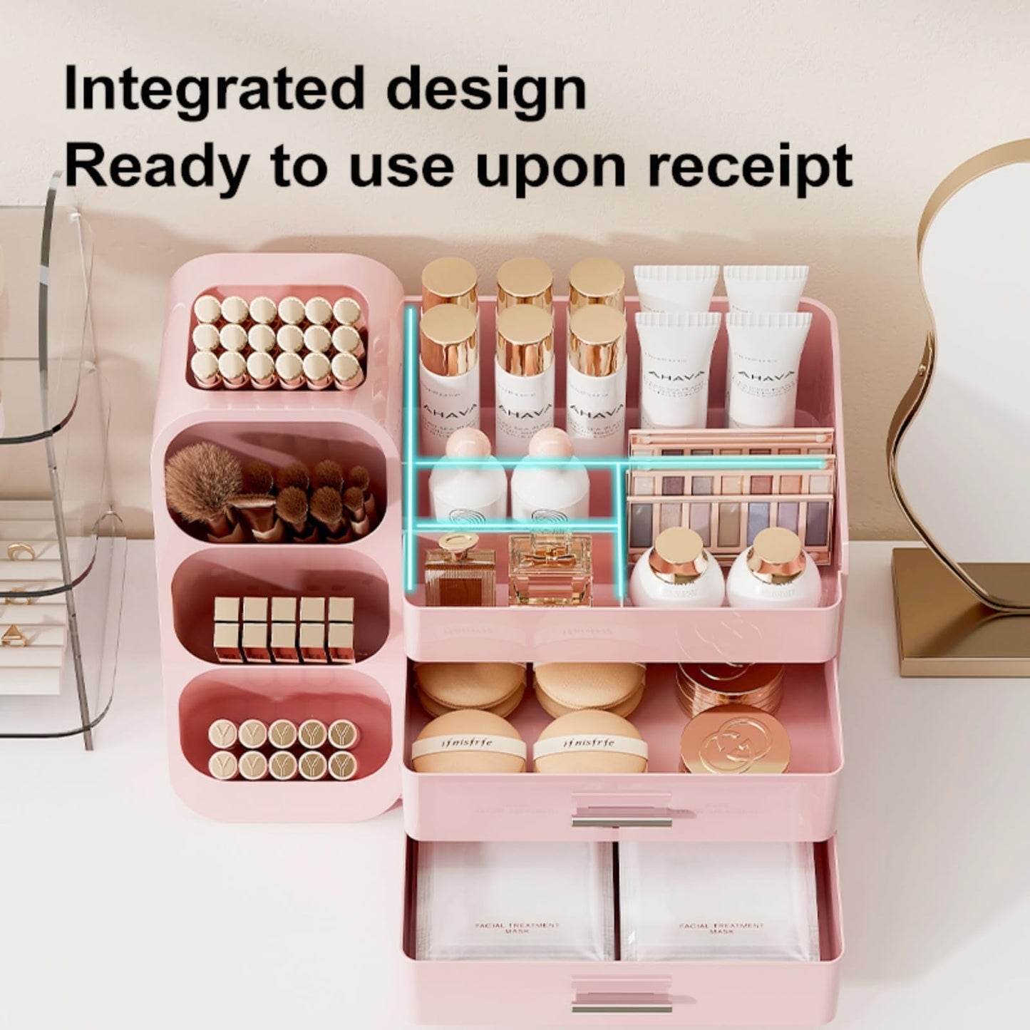 KQJS Makeup Organizer with Drawers,Large Capacity Countertop Organizer for Vanity,Bathroom and Bedroom Desk Cosmetics Organizer,Easy To Storage Skincare,Brushes,Lotions (All Pink)