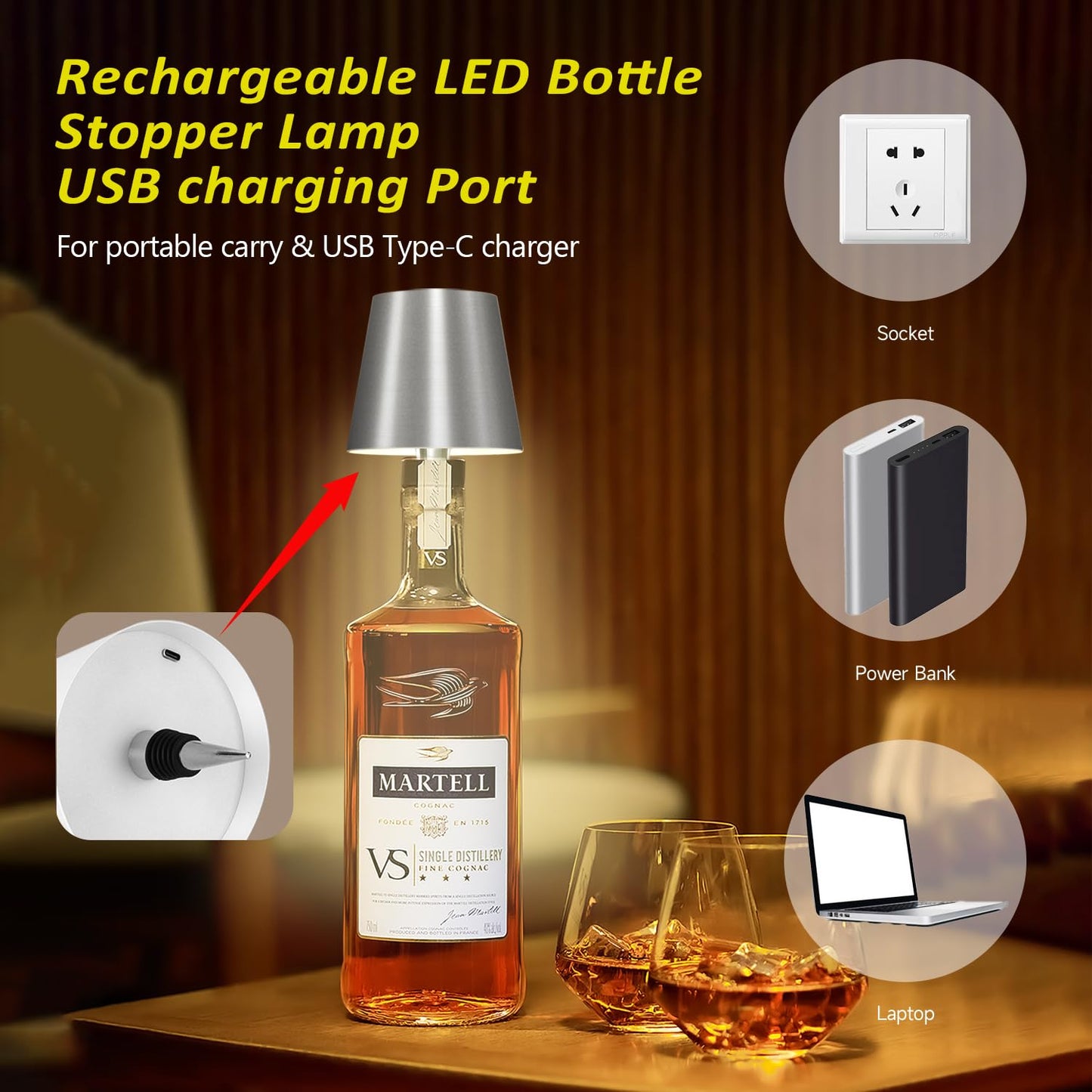 Hoide 2025 New Wireless Bottle Lamp - LED Bottle Lights for Liquor & Wine Bottles, Cordless Lampshade, Whiskey Bottle Top Light, Bottle Stopper Night Light Kit, Rechargeable 3-Tone Touch-Dimmable