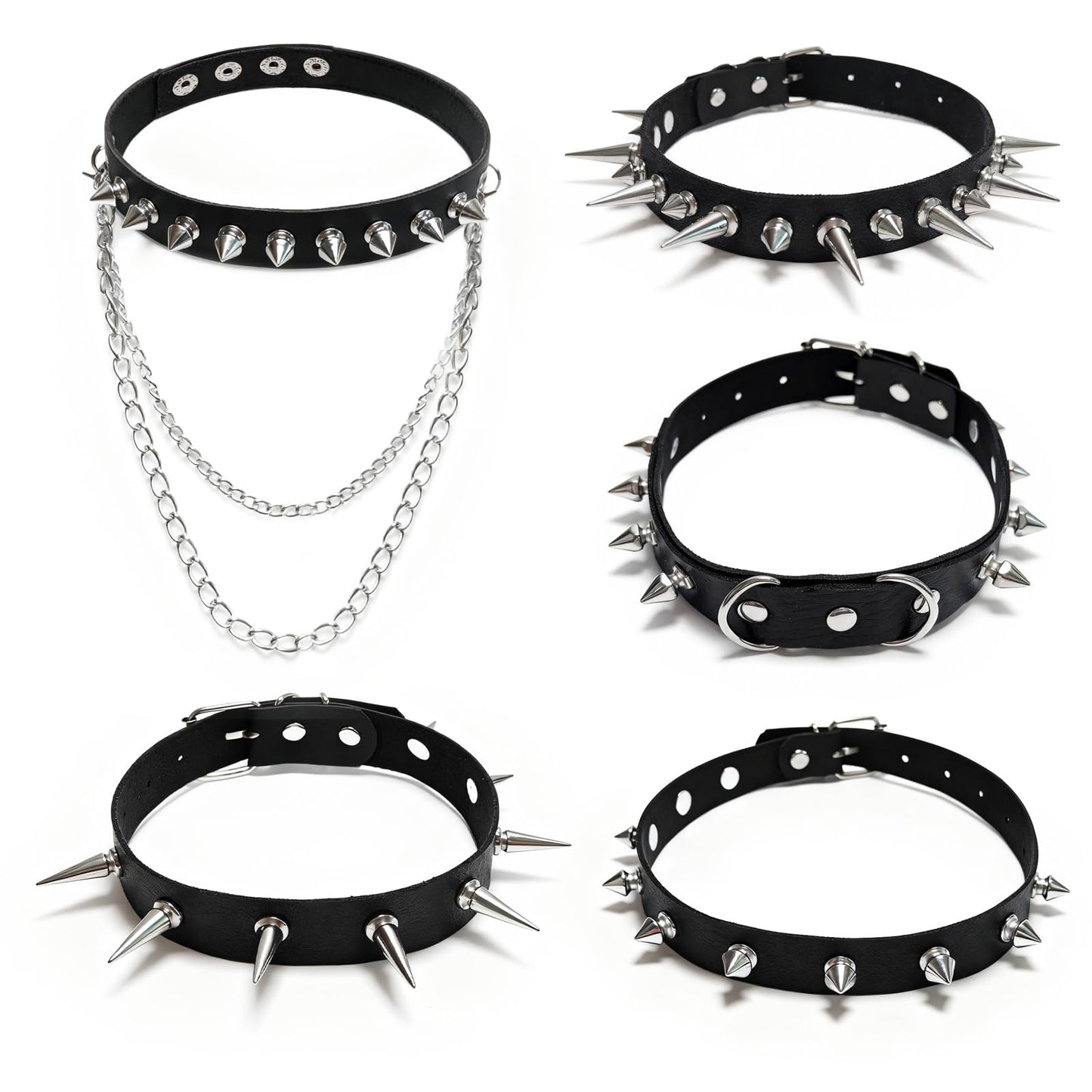 Qoncosy 5 Pcs Goth spiked choker Necklace Set, Spiked Choker with Heart and Paw Studs, Gothic Cat Collar, Adjustable PU Leather Collar for Women, Gothic Punk Rock Accessories for Concerts Halloween Cosplay (Gothic4)