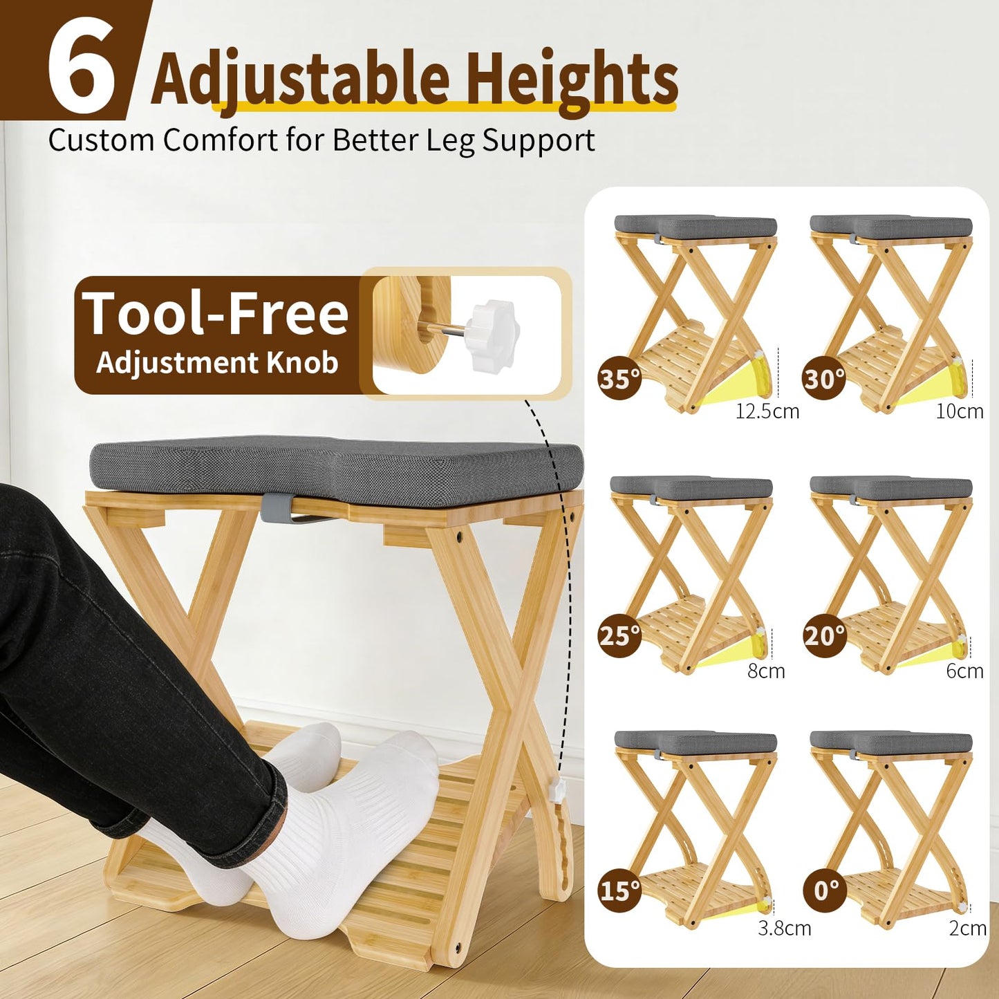 Double Step Foot Rest Under Desk at Work, Bamboo Foot Stool with 6 Adjustable Heights, Ergonomic Under Desk Footrest with Cushion for Home, Office & Gaming (Natural Color)