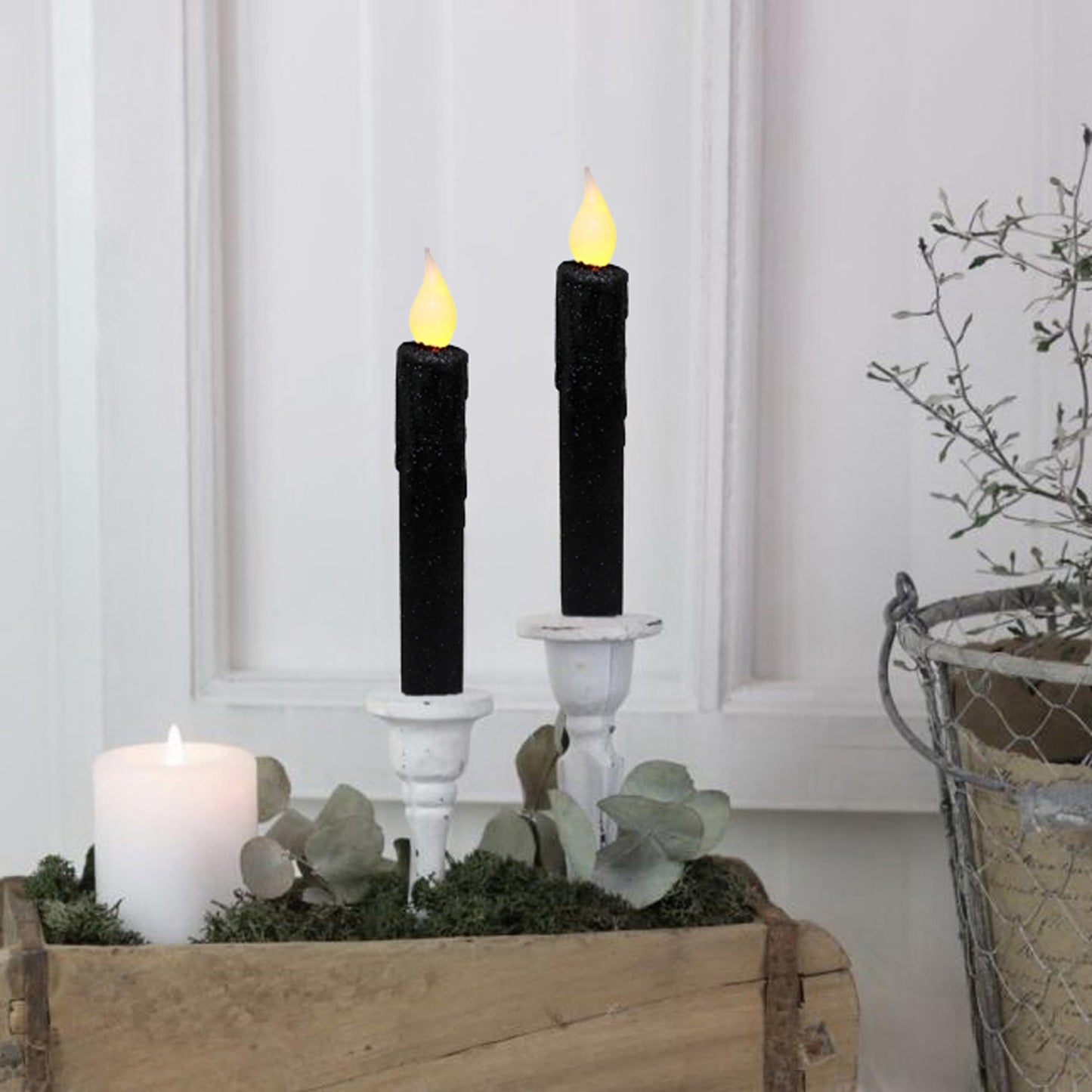 CVHOMEDECO. Glitter Flameless Candles Flickering Battery Operated LED Taper Candles with Timer for Home, Wedding, Halloween, Christmas Decor. Black, 6-3/4 Inch, Set of 2