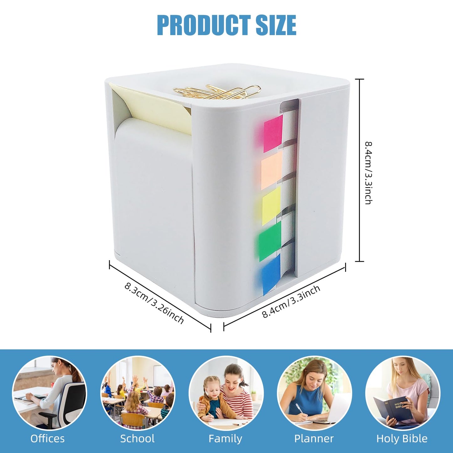 Sticky Note Holder and Dispenser with Magnetic Paper Clip Holder, 3x3 Pop-Up Note and Annotation Labels,Full Adhesive Note Roll Desktop Organizer.5-in-1 Multi-Function Standing Sticky Note Box(White)
