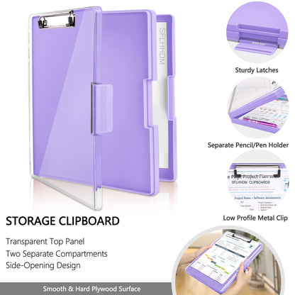 SFLHHDM Clipboard with Storage,Heavy Duty Clip Boards 8.5x11 with 2 Storage Case,Clear Visible Panel Storage Clipboards,Side Opening Nursing Clipboard Folder for Office Supplies-Light Purple