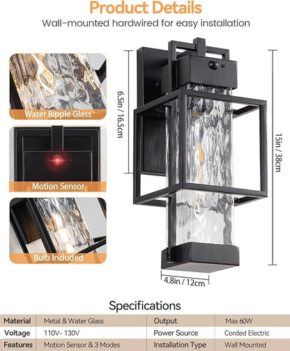 Motion Sensor Outdoor Lights, Dusk to Dawn Outdoor Lighting Exterior Light Fixture with Water Glass, Waterproof Sconce Wall Mount for House Porch Patio Garage, Bulb Included