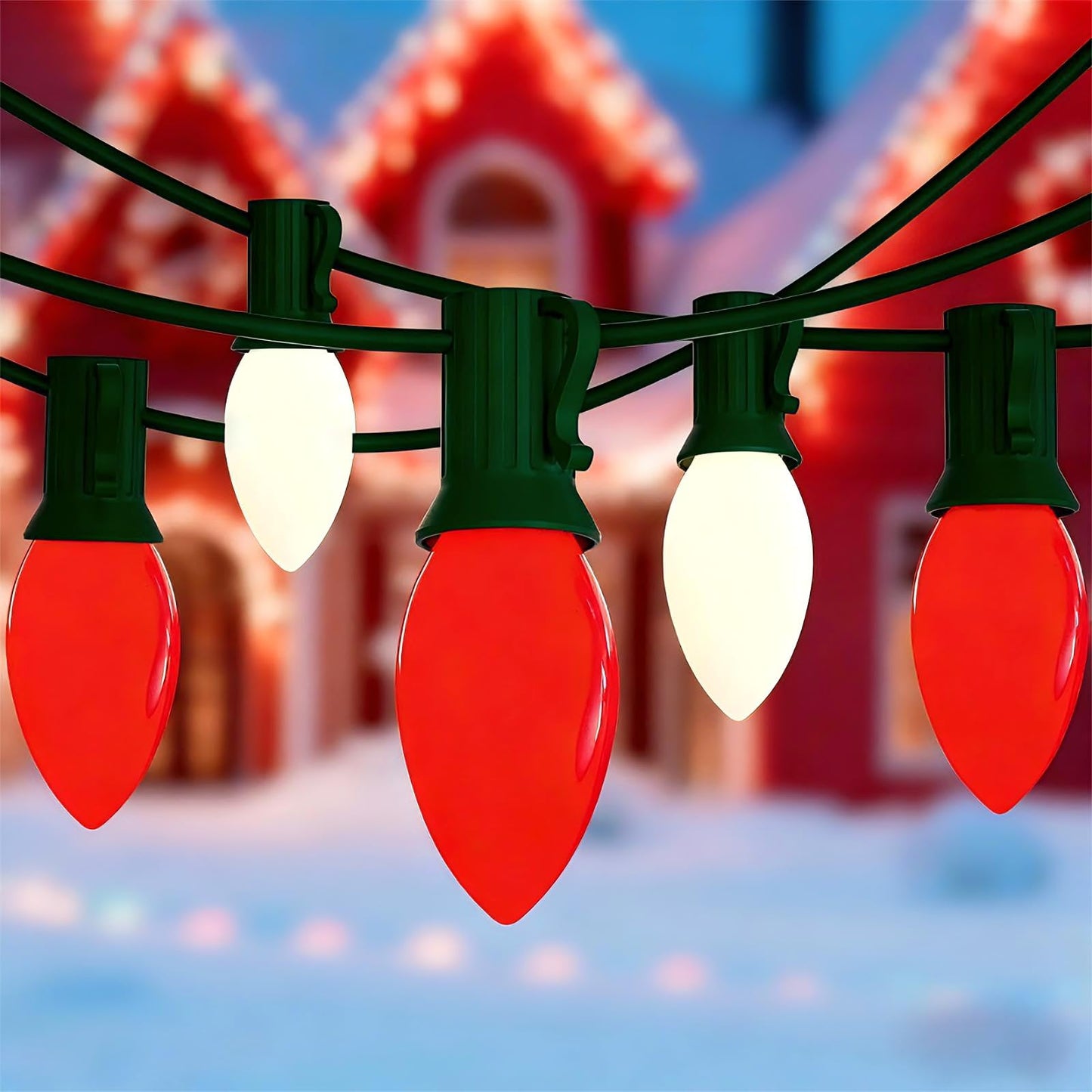 C9 LED Red and White Christmas Lights, 25ft C9 Outdoor Christmas Lights with 25 LED Red and White Plastic Bulbs, Outdoor String Lights for Patio Home Party Yard Xmas Tree Decoration-Green Wire