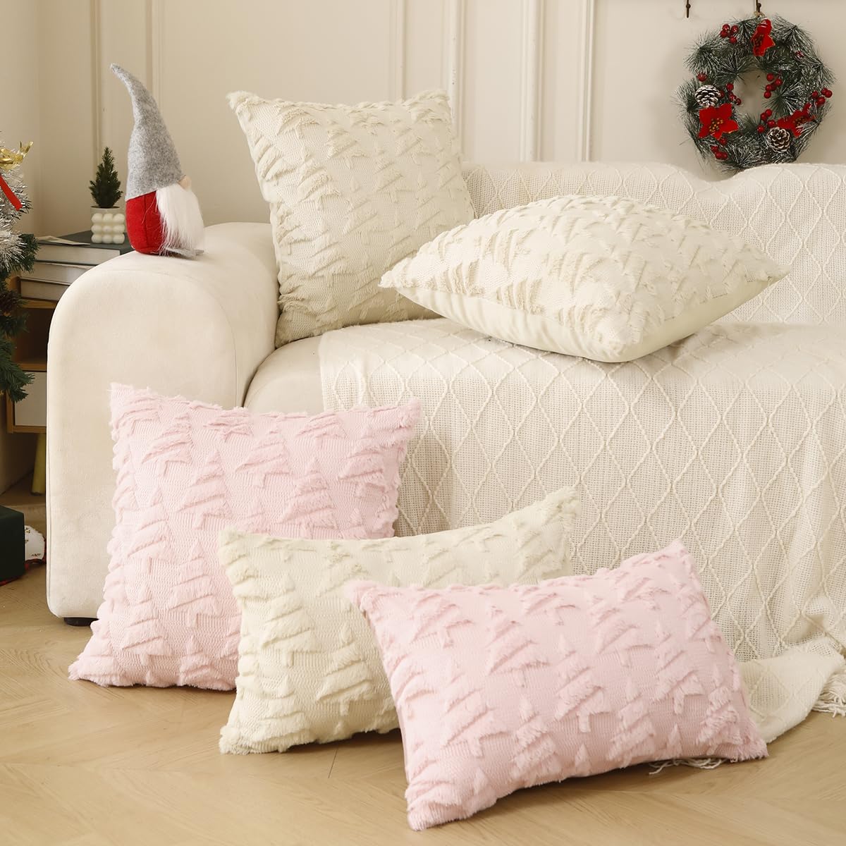 All Smiles Christmas Decorative Pillow Covers 18x18 Set of 2, Xmas Navidad Ornaments Soft Plush Faux Fur,Decorations Winter Holiday Couch Cases Home Decor for Sofa Livingroom Bed,Dark Green