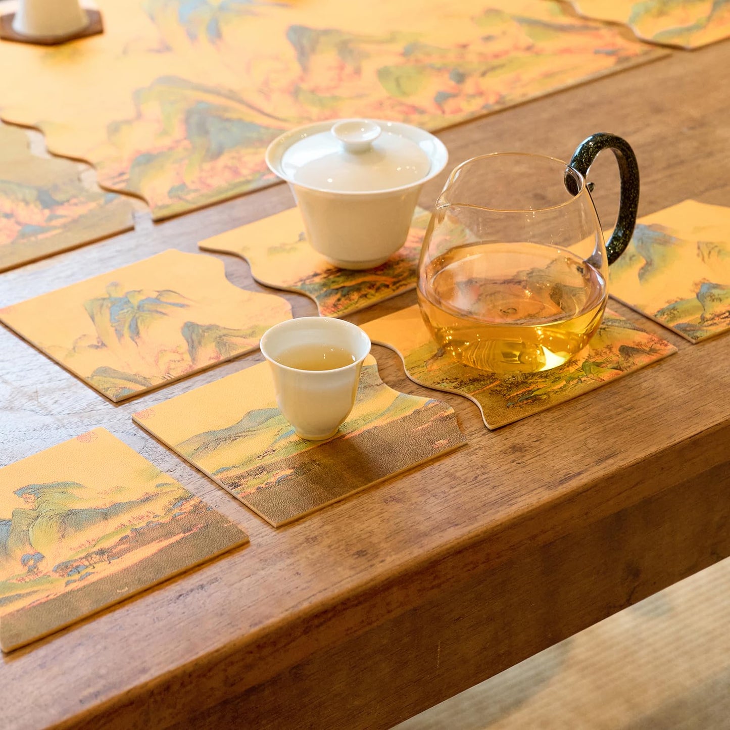 HONGSAM Iqipa Decorative Faux Leather Table Runner for Dining Table Coffee Table Decor Runner Waterproof Leather Faux Leather Easy Clean Placemats Set of 4 and Coasters of 6 Table Decor Protector