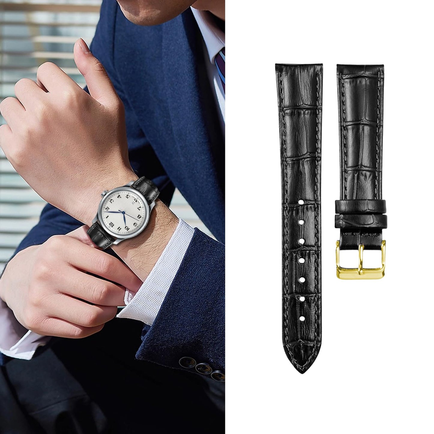 Boache Genuine Leather Watch Band Quick Release Italian Calfskin Crocodile Pattern Watch Straps 12 to 24mm Business Classic Style Genuine Leather Watch Strap Replacement Band for Men Women