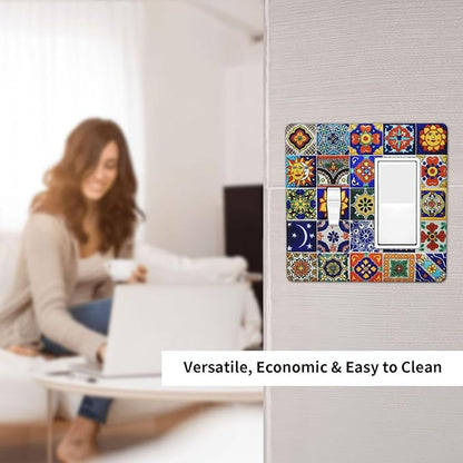 Traditional Colorful Talavera Mexican Spanish Moroccan Tiles 2 Gang Combination Light Switch Cover Decorative Toggle Rocker/Decora Wall Plate Electrical Faceplate for Bathroom Kitchen Home Decor