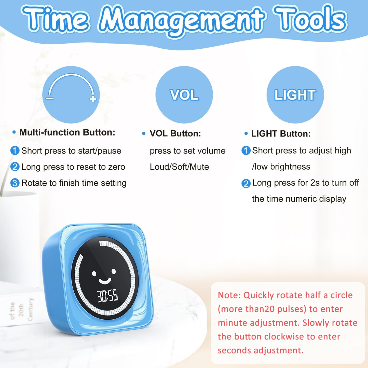 Visual Timer for Kids, 99 Minute Digital Cute Kids Visual Timer Classroom Timer for Homeschool Supplies Study Teaching Time Management Tool Countdown Count Up Timer, Blue 2Pack