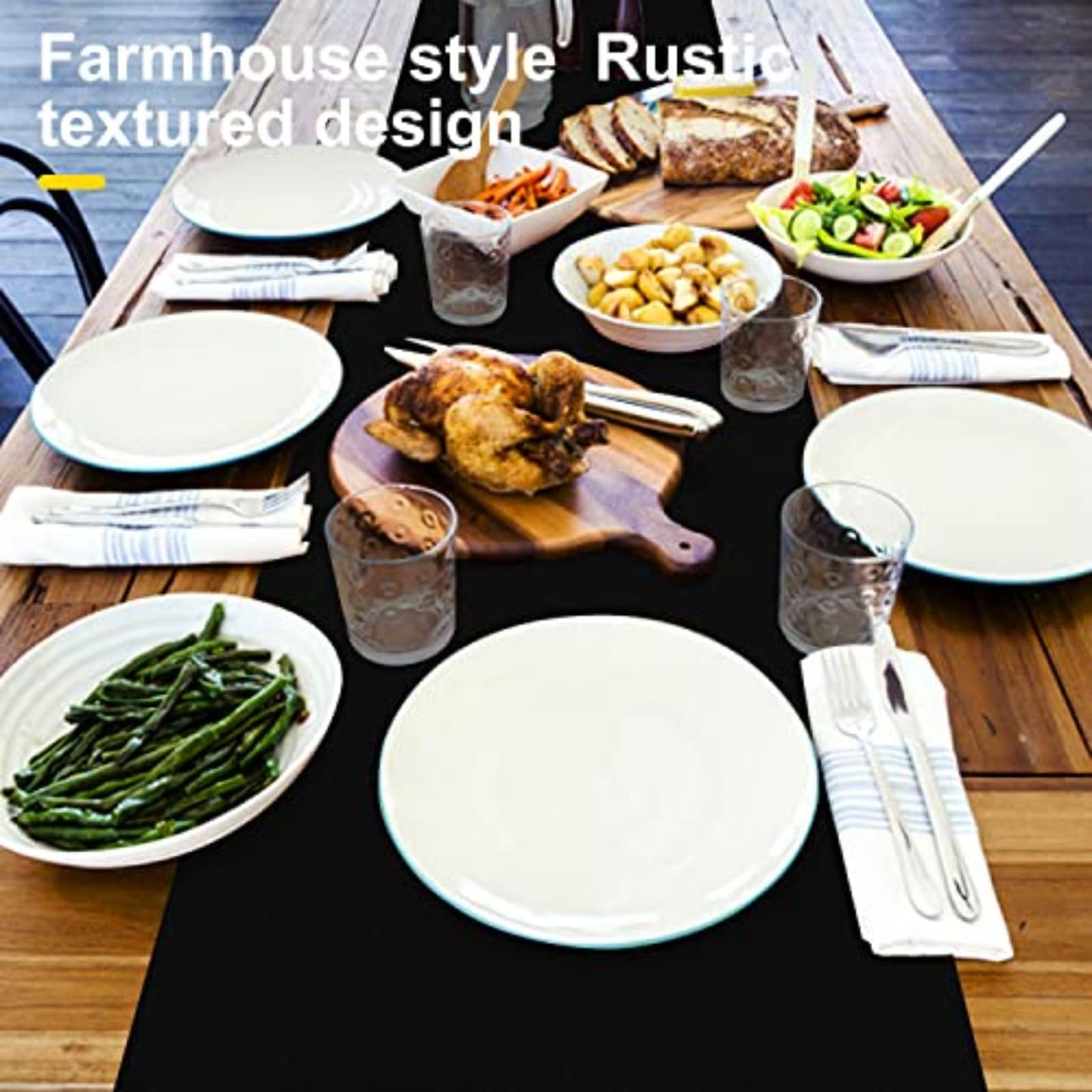 Rinpon Waterproof Wipeable Table Runner, Thick Farmhouse Table Runner, Dresser Runner, Rustic Table Runner for Kitchen Dining Room, Bedroom, Living Room, Indoor and Outdoor (72'',Black)