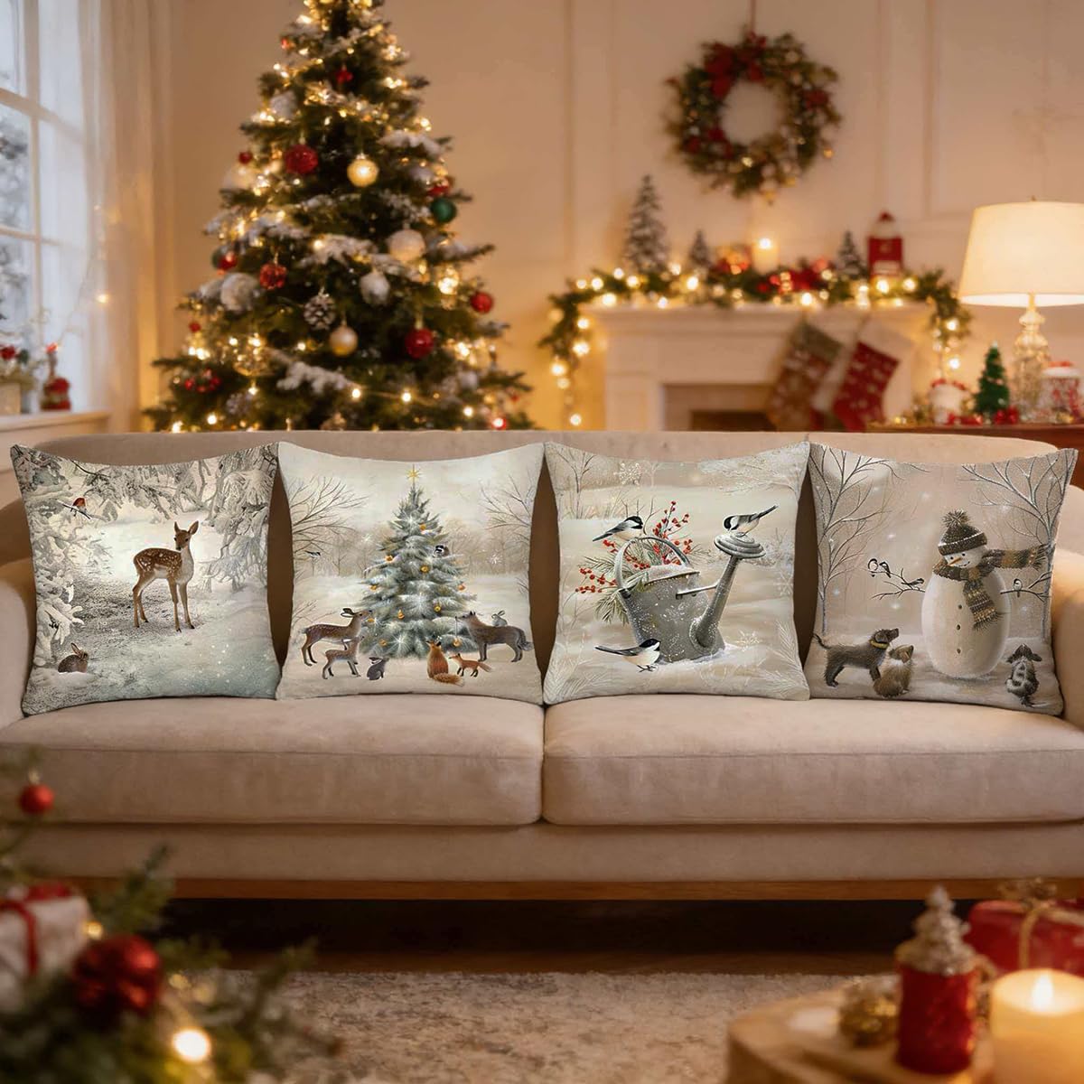 Animals Throw Pillow Cover Christmas - 18 x 18 Inch Pet Snowman Vase Deer Dog Rabbit Bird Xmas Tree Pillow Case - Set of 4 Square Winter Snowfield Pillowslip, Great for Sofa, Patio, bedroom Decor