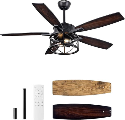 EDISHINE 52 Inch Farmhouse Ceiling Fans with Lights, Remote Control, 5 Wooden Blades, Dimmable, Timer, 6 Speeds Reversible DC Motor, Rustic Lighting & Ceiling Fan for Bedroom Living Room, UL Listed