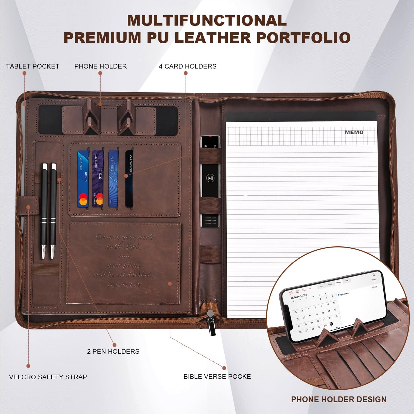 Leather Portfolio for Men, Christian Religious Gifts for Men with Laptop Pocket, Padfolio Binder Folder with Zipper for Women, Business Large Organizer Case for Bible Notebook Notepad Phone (Brown)