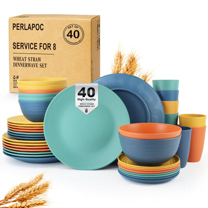 Wheat Straw Dinnerware Set 40-Piece Service for 8 Unbreakable Dishes Set Plates and Bowls Sets Drinking Glasses Microwave Safe Dish Set Lightweight Dinnerware Set for Home & Kitchen - Yellow