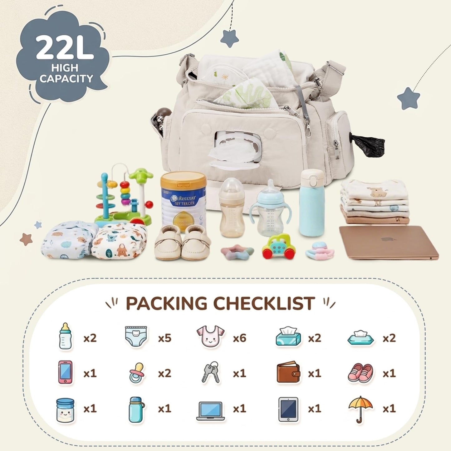 MYHOZEE Puffer Crossbody Diaper Bag for Mom - Lightweight Nylon Mom Bag Purse with Wipes & Trash Bag Dispenser - Compact Stroller Organizer Bag with Insulated Pocket, Water-Resistant, Apricot