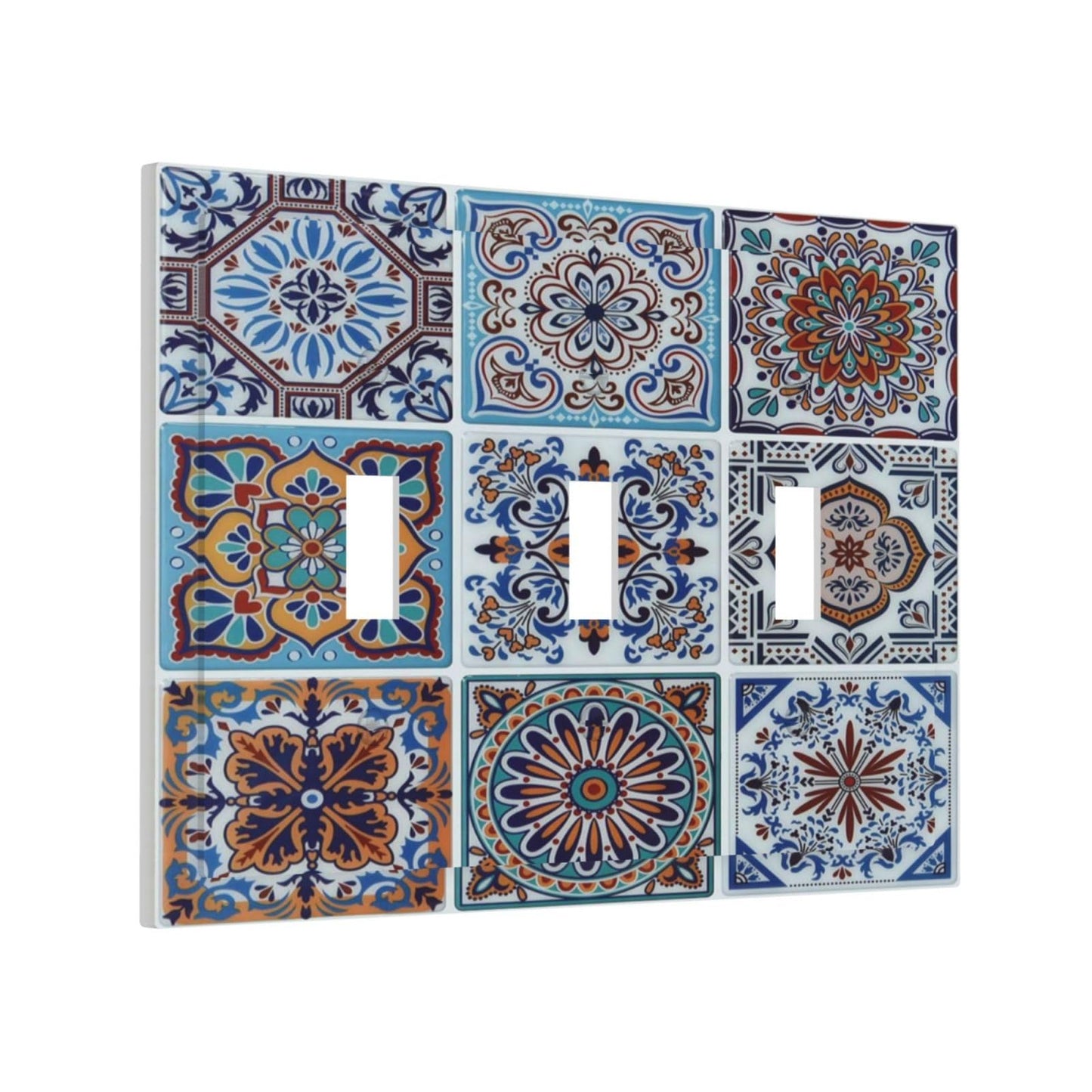 Spshian Decorative Switch Plate Covers Mexican Talavera Tile 3 Gang Light Switch Cover Blue Moroccan Style Pattern Triple Toggle Wall Plate Electrical Faceplate for Bathroom Home Kitchen Bedroom Decor