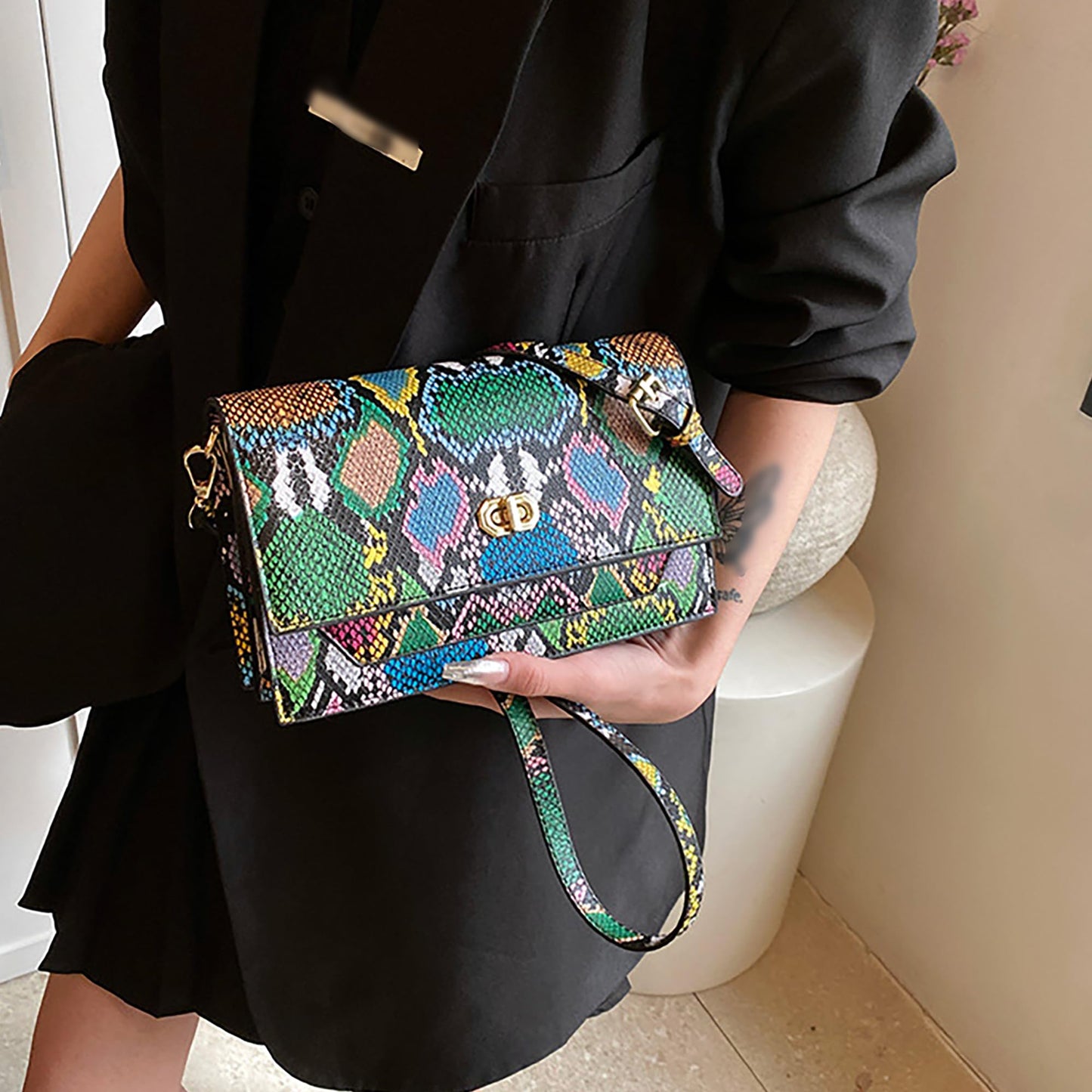 CLARA Women Fashion Snakeskin Pattern Clutch Handbag Envelope Bag Pompom Shoulder Bag Evening Party