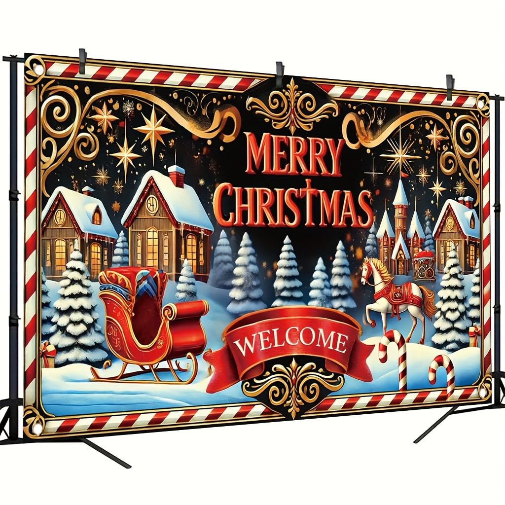 Tomhong Merry Christmas Welcome Sign 71x43inch Large Outdoor Yard Banner forWinter Holiday Party Porch Decoration Festive Xmas Scene with Sleigh Horse Candy Cane andSnowy Village