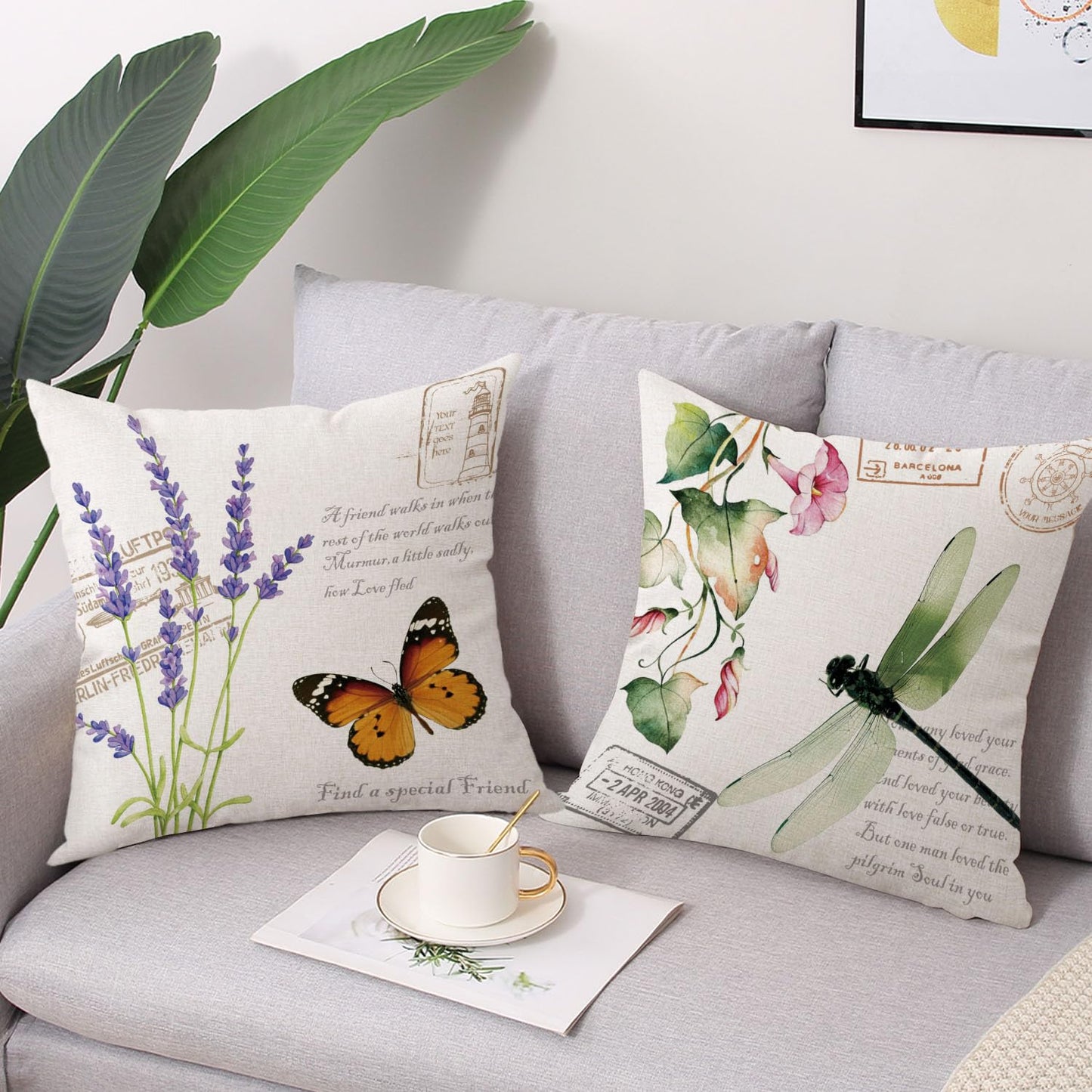 Coeufuedy Spring Outdoor Waterproof Throw Pillow Covers 18 x 18 Inch Set of 4 Butterfly Dragonfly Ladybug Bee Flower Decorative Cushion Cases for Sofa Couch Patio Furniture