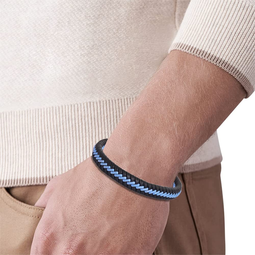 Magna Steel Men's Braided Genuine Leather Cord Bracelet, Blue
