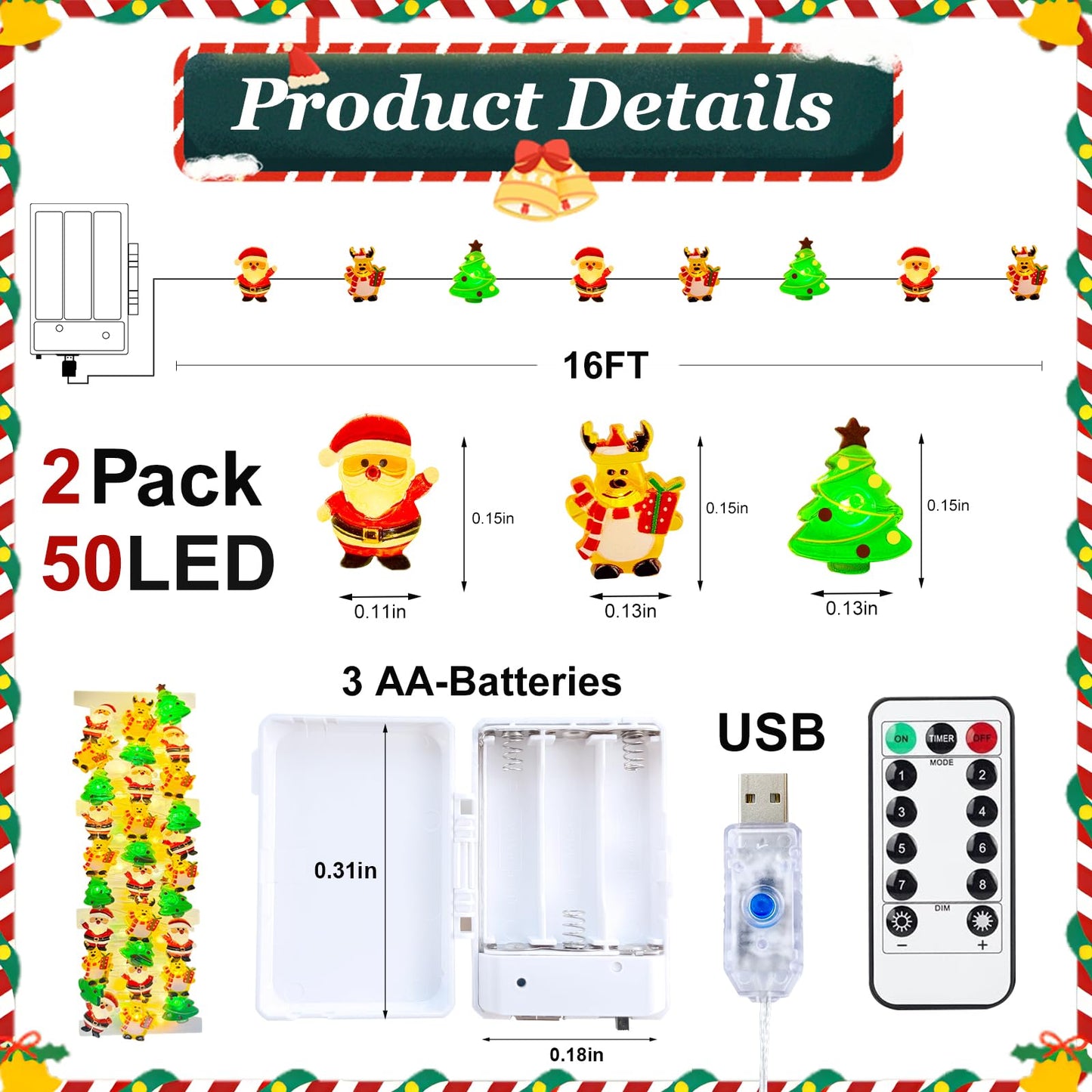 Yooumoga Christmas String Lights - 16FT 50 LED Santa Claus/Deer/Tree Fairy Lights, Battery/USB Powered with Remote & 8 Lighting Modes for Indoor Outdoor Xmas Tree Party Decor (2 Pack-USB)