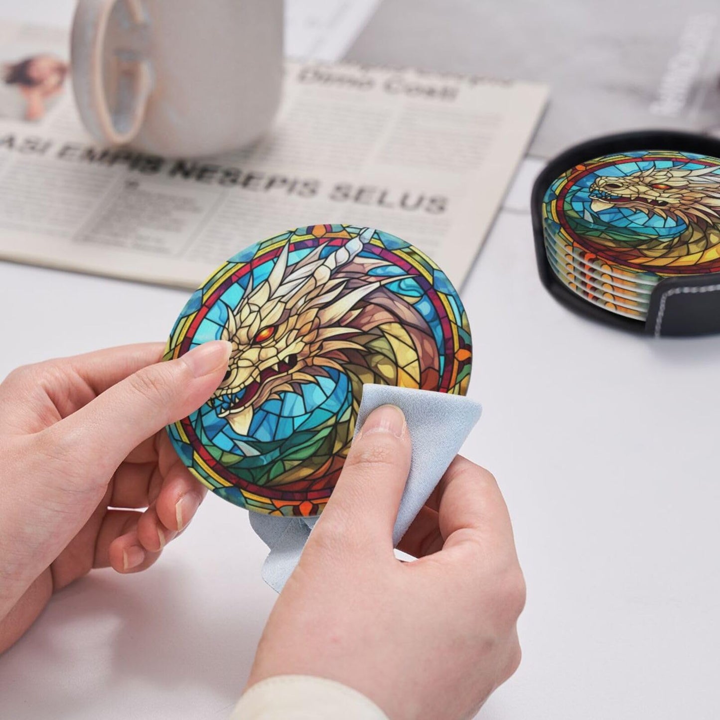 Dragon Drink Coaster Set of 6, Dragon Decor Gifts, Leather Drink Coasters with Holder, 6 Pack Cup/Bar/Drink Coasters for Table/Drinks/Coffee Protection Housewarming Gift (Dragon)